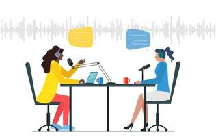 Black person and white woman recording audio discussion in online radio broadcast studio. Female guest interview with microphones on podcast. Live streaming channel podcasting and broadcasting show vector