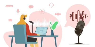 Radio host, blogger or DJ woman recording audio in online radio broadcast studio. Creative podcast show banner with microphone and media icons. Live streaming channel podcasting and broadcasting vector