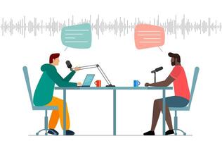 Black person and white man recording audio discussion in online radio broadcast studio. Guest interview with microphones on podcast show. Live streaming channel podcasting and broadcasting media vector