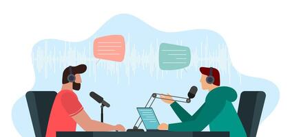 Two male persons recording audio discussion in online radio broadcast studio. Guest man podcast show interview with microphones and headphones. Live streaming channel podcasting and broadcasting media vector