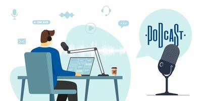Radio host, blogger or DJ man recording audio in online radio broadcast studio. Creative podcast show banner with microphone and media icons. Live streaming channel podcasting and broadcasting vector