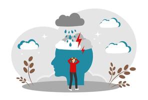 The concept of psychology and mental health. A head with clouds and lightning. Low mood and depression. vector