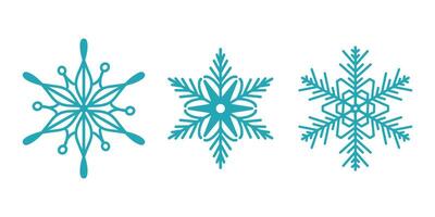 Unique snowflakes set, detailed hand drawn flat line illustration. Graphic outline drawing. Christmas and New Year symbol. Unique snowflake silhouette icon for frosty designs. vector