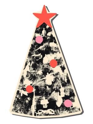 Christmas tree halftone art collage cut out element. Paper clipping sticker, New Year sticker with vintage dotted texture and doodle star topper. Modern retro grunge mixed media illustration