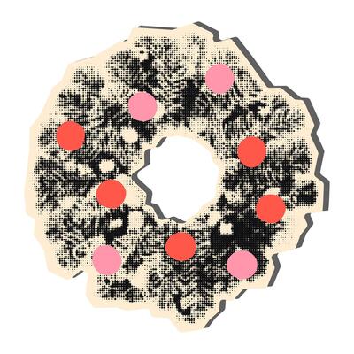 Christmas wreath halftone art collage cut out element. Paper clipping sticker, New Year sticker with vintage dotted texture and doodle ornaments. Modern retro grunge mixed media illustration