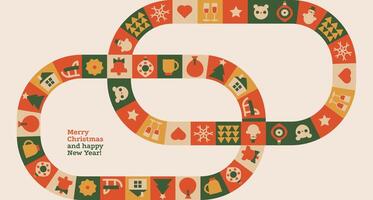 2025 happy New Year Greeting banner, flyer, poster with geometric symbols of Christmas and new year, glasses , gift boxes, snowflakes, Christmas tree and snowman. Template poster, header, web. vector