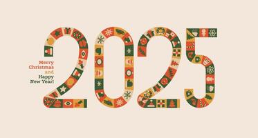 Merry Christmas and Happy New Year modern abstract minimalist geometric style with number 2025 made of festive ornate tiles. Christmas colorful illustration in flat cartoon style. Xmas card vector