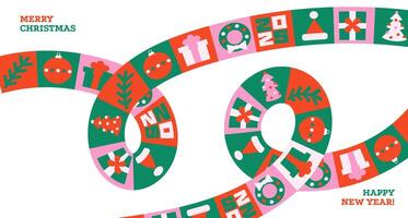Merry Christmas and Happy New Year greeting cards template. Modern Xmas design with wavy loops pattern in green, red, pink white colors. Christmas tree, ball, decoration elements. vector