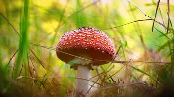 Dangerous mushrooms. Red fly agaric in dry grass in the autumn forest against the background of sunlight. Beautiful fairy-tale mushrooms video