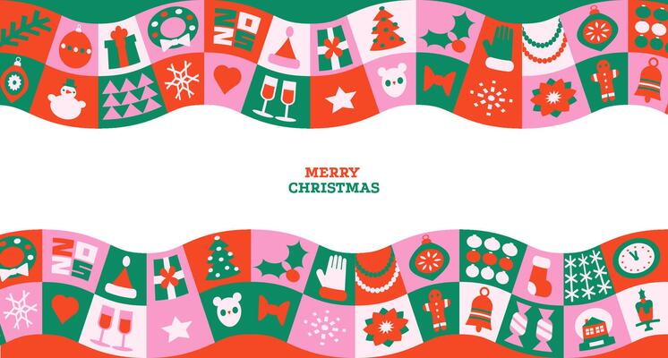 Merry Christmas and Happy New Year modern wavy abstract card in minimalist geometric style. Christmas colorful illustration in flat ornate style. Xmas background with pattern.