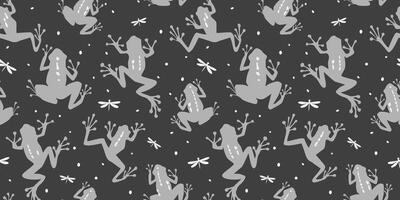 Seamless pattern with a silhouette of a frog and dragonflies. vector