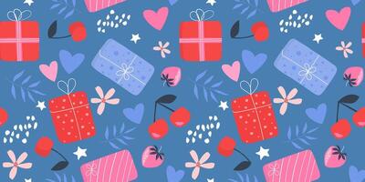 Seamless pattern with gift boxes on a background of flowers, hearts, cherries, strawberries. Abstract romantic print. vector