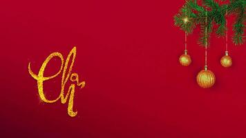Golden Christmas balls sparkle on the Christmas tree branch with Merry Christmas hand drawn lettering calligraphy from glitter on a red background. New Year's card, banner, stop motion animation video