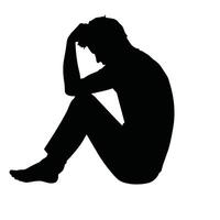 A silhouette of a man sitting down with his head in his hands vector