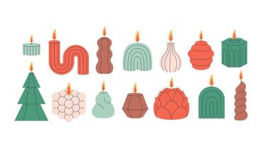 Decorative aromatic candles various shapes and colors. Burning scented candles, home interior and aromatherapy. vector