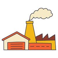 Cartoon illustration of an industrial facility with a large building, external staircase, and tall chimney emitting smoke, featuring a flame symbol on the right side vector