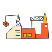 Cartoon illustration of an industrial facility with various structures, including a smokestack and a building with windows, in orange and yellow tones. vector