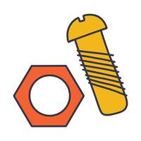 Stylized illustration of a yellow screw with a slotted head and an orange hexagonal nut, representing hardware tools and mechanical connection vector