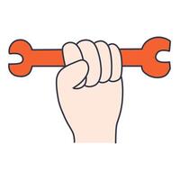 Cartoon illustration of a clenched fist holding a red wrench horizontally, symbolizing strength and labor vector