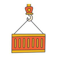an illustration of a crane hook lifting a large, rectangular container with vertical stripes, representing logistics, shipping, or heavy lifting. vector
