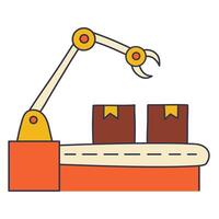 Stylized illustration of a conveyor belt with two boxes and a mechanical arm with a pincer, representing automation and manufacturing processes vector