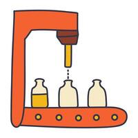 illustration of a factory bottling process with an orange machine dispensing a yellow substance into bottles on a conveyor belt, representing industrial automation and mass production. vector