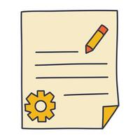 Hand-drawn illustration of a piece of paper with text lines, a pencil, and a gear icon, representing planning or mechanical design. vector