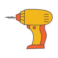 Cartoon illustration of a yellow and orange drill with a black tip, depicted in action, representing a common tool for drilling vector