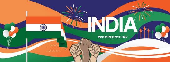 Captivating abstract backgrounds for India's Independence Day, showcasing raised hands and flag colors. Ideal for invitations and posters. vector