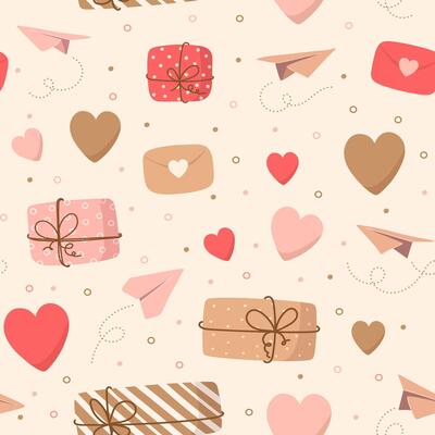 Valentine's seamless pattern of cute hearts and paper planes. Decorative wallpaper
