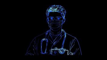 Neon frame effect, Doctor decorated with a stethoscope on black background video
