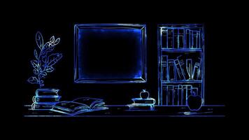 Neon frame effect, showcasing books, and a chalkboard. on black background video