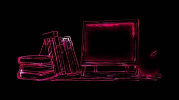 Neon frame effect, showcasing books, and a chalkboard. on black background video