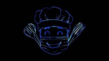 Neon frame effect, Chef with a chef hat, cooking utensils on black background video