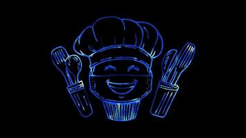 Neon frame effect, Chef with a chef hat, cooking utensils on black background video