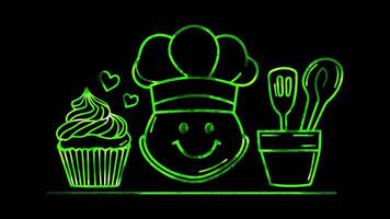 Neon frame effect, Chef with a chef hat, cooking utensils on black background video