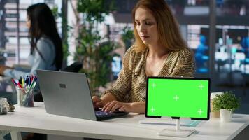 Professional executive analyzing monthly reports with copy space screen, working on strategy planning and financial forecasts. Business developer looking into analytics for decision making. Camera A. video