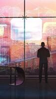 Businessman of the future in front of a virtual panel, 3D render. video