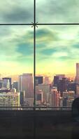 Large empty office space with a city outside the window, 3D render video