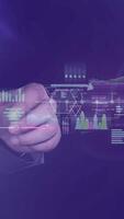 Businessman works with data array virtual infographics. video