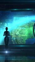 Android in a spaceship orbiting the earth, 3D render. video