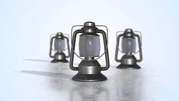 Old Kerosene Lamps on a Reflective Floor. Vintage Lantern 3D Animation. 4K video
