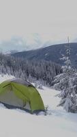 A vibrant green tent sits in a thick blanket of snow, nestled among tall evergreen trees. The winter landscape showcases a serene, frosty atmosphere. vertical footage video