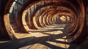 captivating view of curved wooden beams creating unique architectural space photo