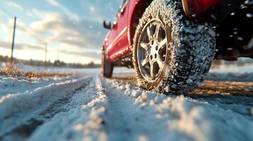 car on snowy road with studless tires, showcasing winter conditions photo