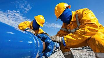 Workers in protective gear are inspecting large blue pipe under clear sky photo