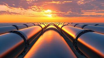 Pipelines stretch into horizon under vibrant sunset, creating stunning view photo