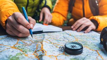 Explorers planning their adventure with map and compass in hand photo