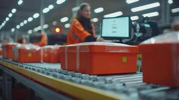 Efficient warehouse with automated systems and workers handling packages photo