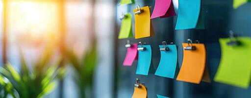 Creative brainstorming session with colorful sticky notes on board photo